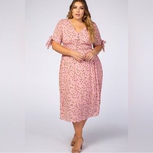 Reborn J Women’s Pink Floral Tie Sleeve Plus Midi Dress, Plus Size 3X Summer
